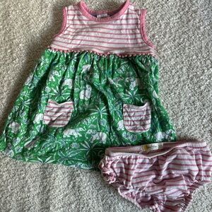 Baby Boden Pink Striped and Green Jungle Dress Set